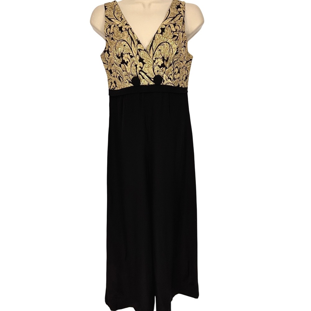 Vintage Malia Honolulu Sleeveless Pant Jumpsuit Formal Gold Metallic Floral Sz S
